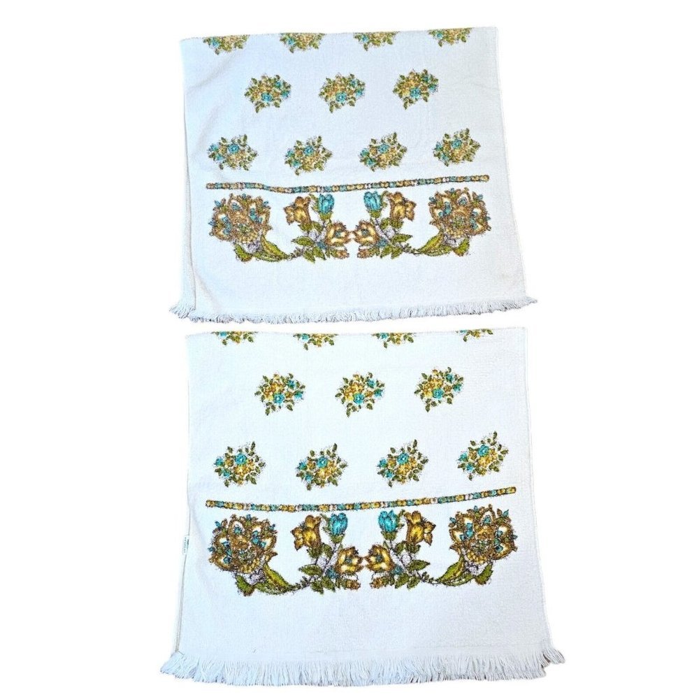 VTG Boho Yellow Blue White Floral Bath Towel Set 22 X 39"‎ Leshner Fringe Brown